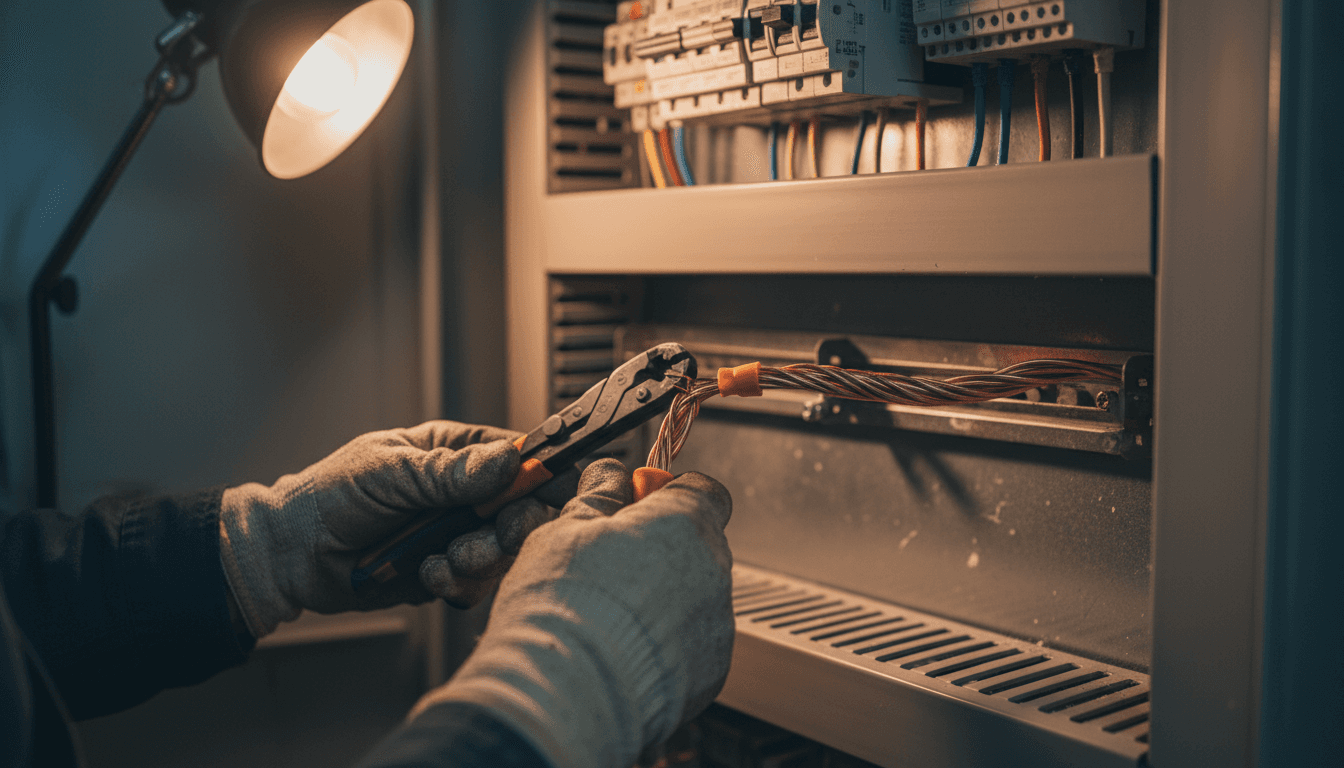 Electrician carefully connecting wires inside an electrical panel