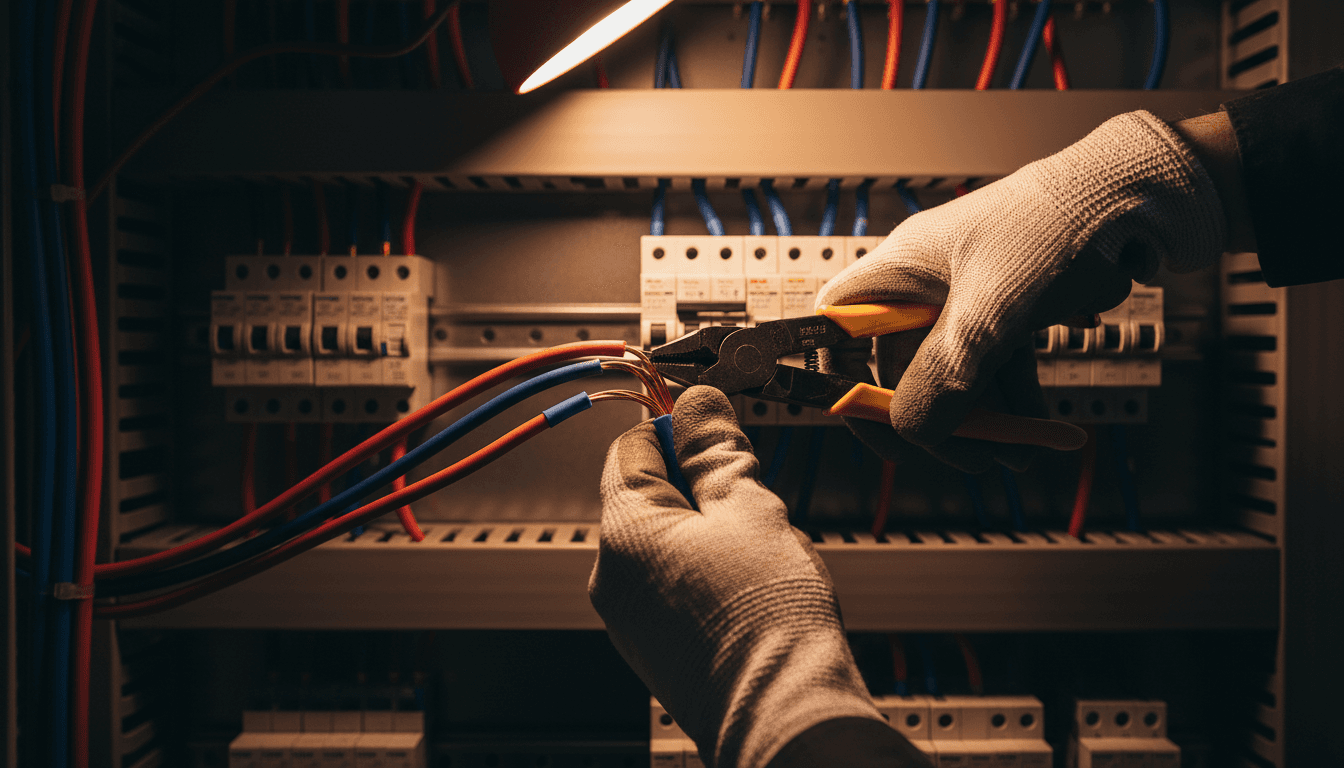 Electrician securing connections in an electrical panel