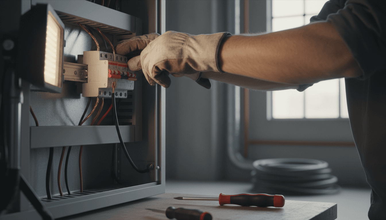 Electrician installing a circuit breaker in an electrical panel