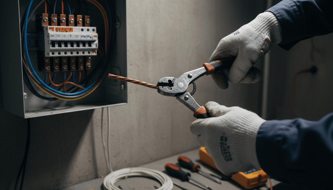 Electrician carefully stripping wire at a residential electrical panel